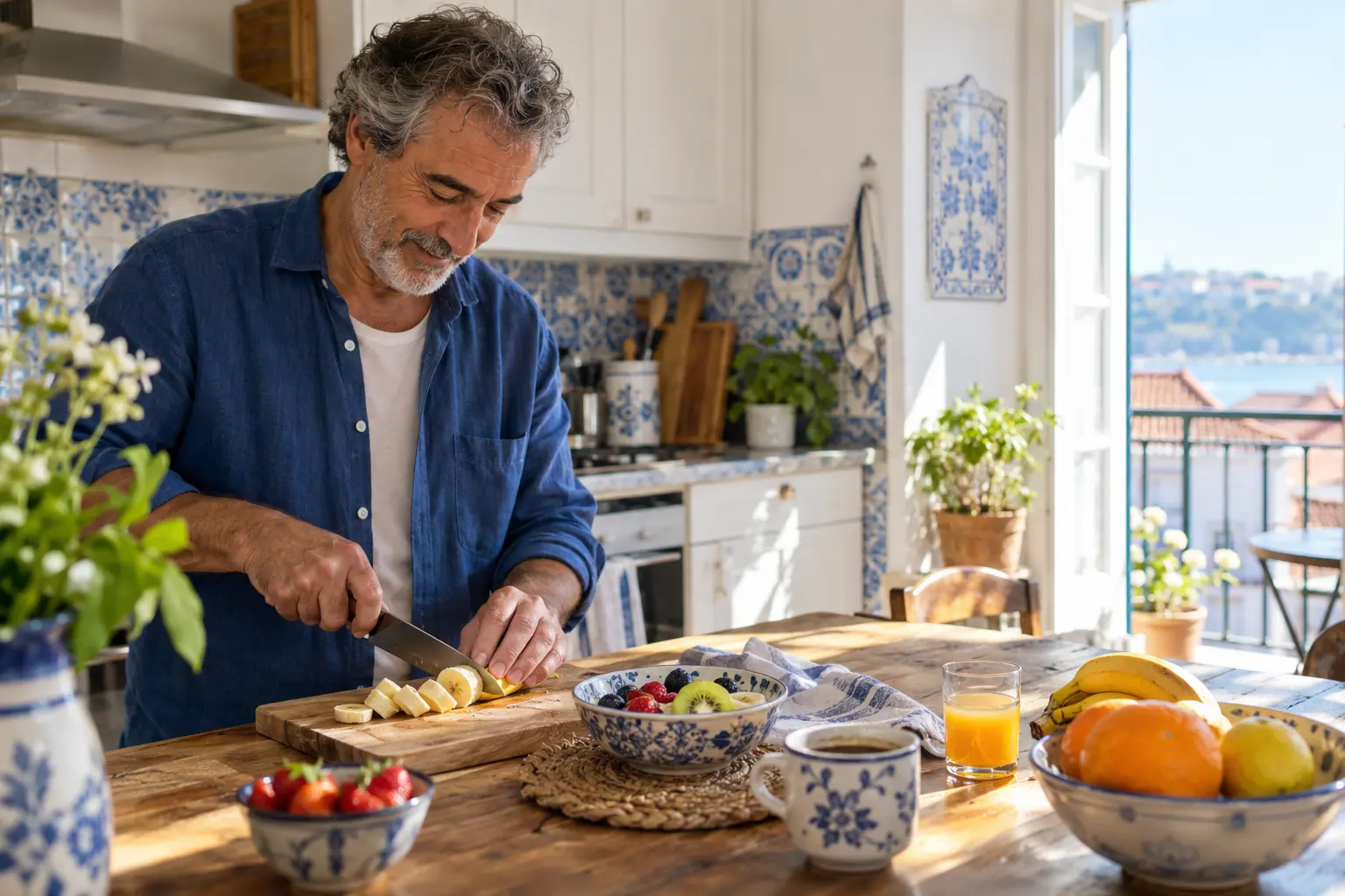 Homem adulto a preparar fruta numa cozinha portuguesa luminosa